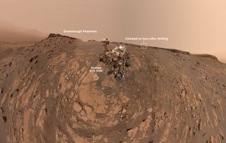 NASA's Curiosity Mars rover took this selfie on Feb. 26, 2020. The crumbling rock layer at the top of the image is the Greenheugh Pediment, which Curiosity crested on March 6.