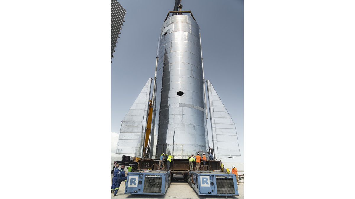 SpaceX founder and CEO Elon Musk tweeted this photo of the Starship Mk1 prototype on a transporter on Sept. 25, 2019.