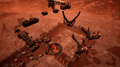 Chained Together screenshot of burnt people falling through the sky.