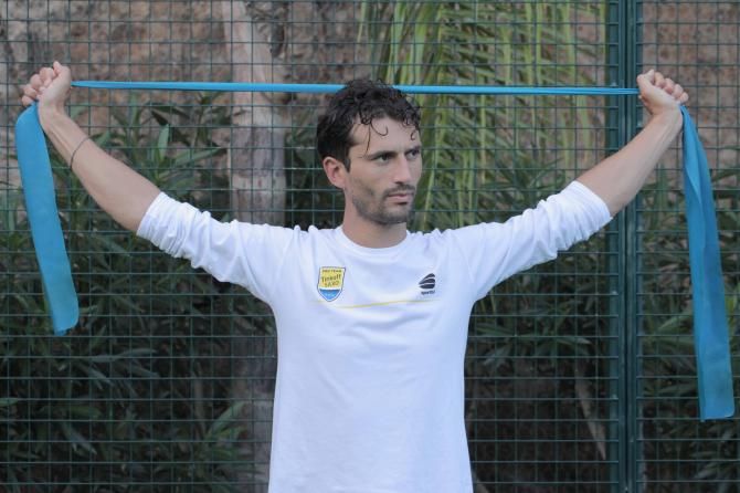 Daniele Bennati at a stretching and core work session at the Tinkoff-Saxo training camp.