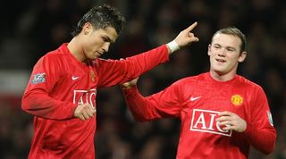 Cristiano Ronaldo and Wayne Rooney celebrate a goal during their time together at Manchester United.