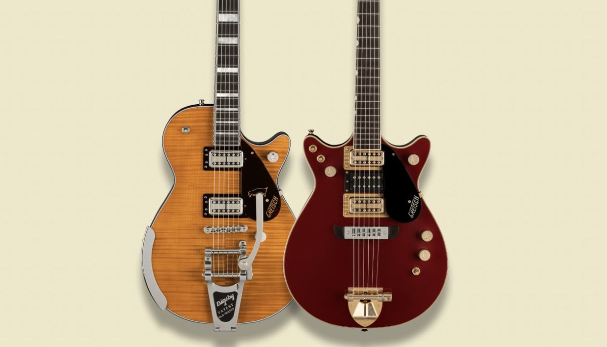 Gretsch&#039;s new Nigel Hendroff signature Penguin (left) and Malcolm Young signature Jet