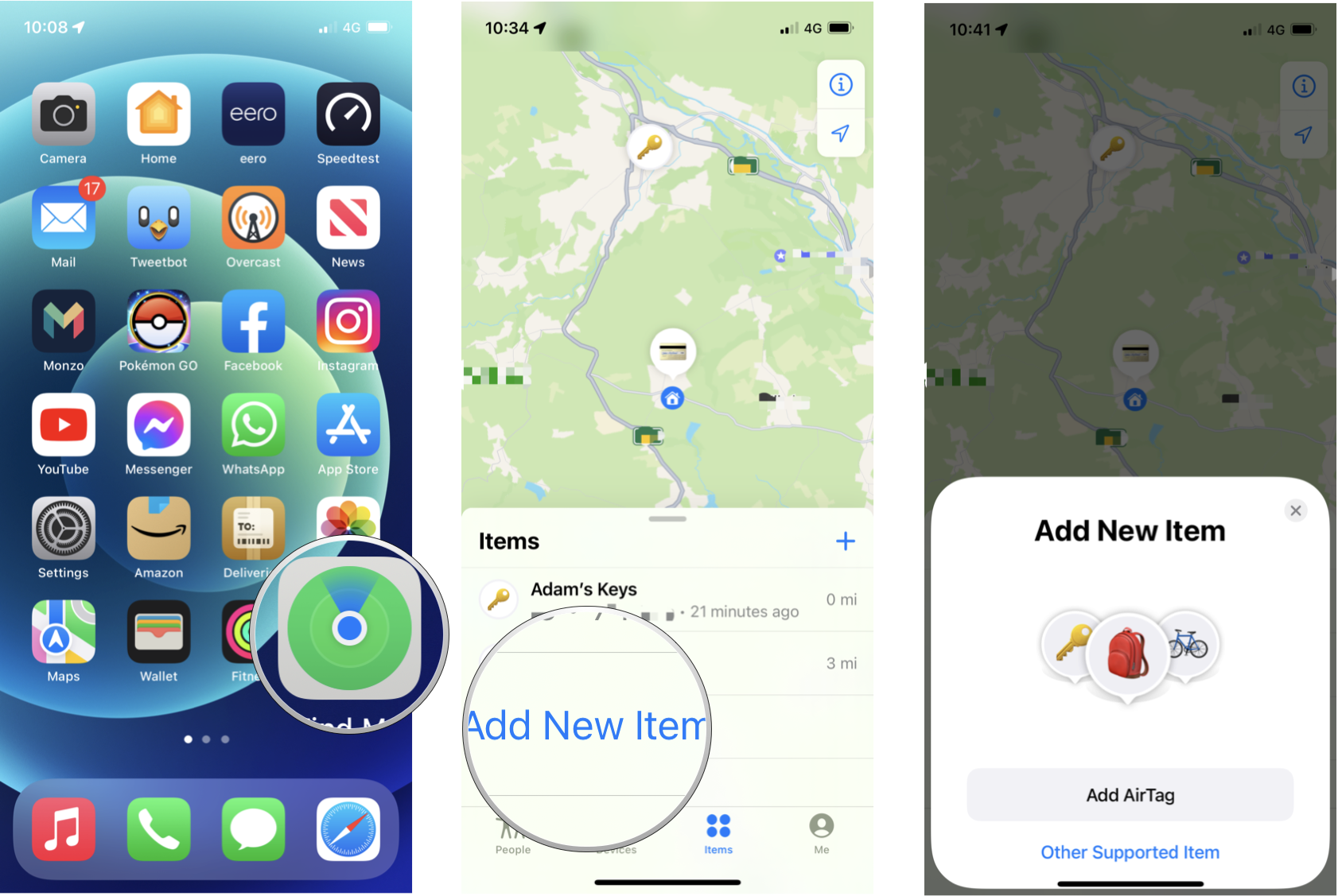 Track a third-party item with Find My support: Open Find My, tap Items, tap Add New Item, tap Other Supported Item