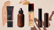 A collage of the best waterproof foundations tested by our beauty team, including the Shiseido Synchro Skin Self-Refreshing Tint, MAC Studio Radiance Face and Body Radiant Sheer Foundation, L'Oreal Paris Infallible Freshwear Liquid Foundation and Hourglass Vanish Seamless Finish Foundation Stick, all arranged in a line on a beige background, surrounded by stock images of foundation swatches and spills.