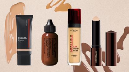 A collage of the best waterproof foundations tested by our beauty team, including the Shiseido Synchro Skin Self-Refreshing Tint, MAC Studio Radiance Face and Body Radiant Sheer Foundation, L'Oreal Paris Infallible Freshwear Liquid Foundation and Hourglass Vanish Seamless Finish Foundation Stick, all arranged in a line on a beige background, surrounded by stock images of foundation swatches and spills.