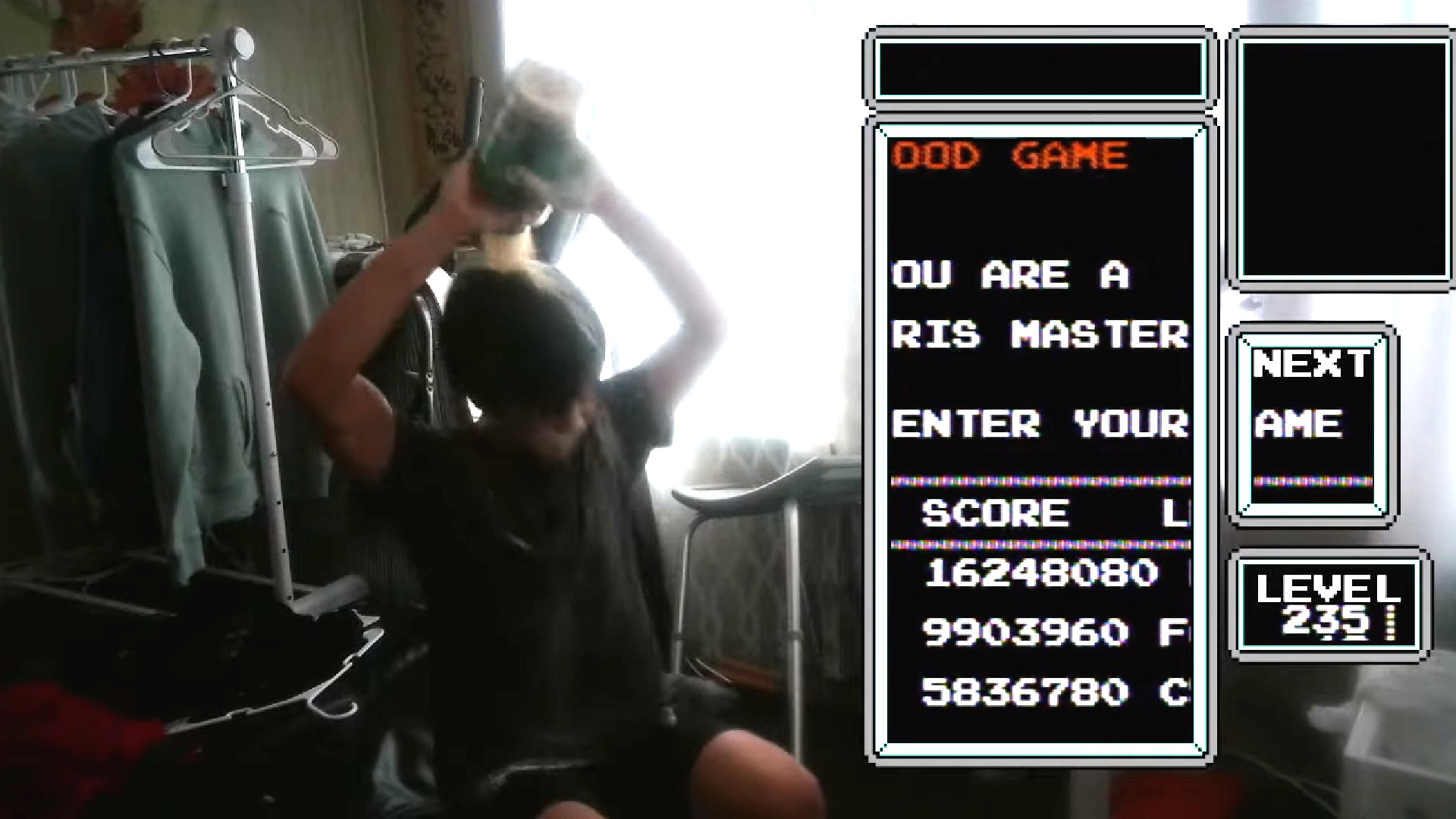 15-year-old kid demolishes the game of Tetris, obliterating every major world record and pouring cheese over his head to celebrate