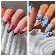 a duo of nail designs in light blue and black and white hearts