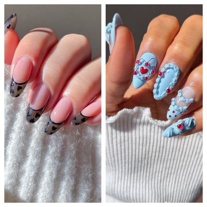a duo of nail designs in light blue and black and white hearts