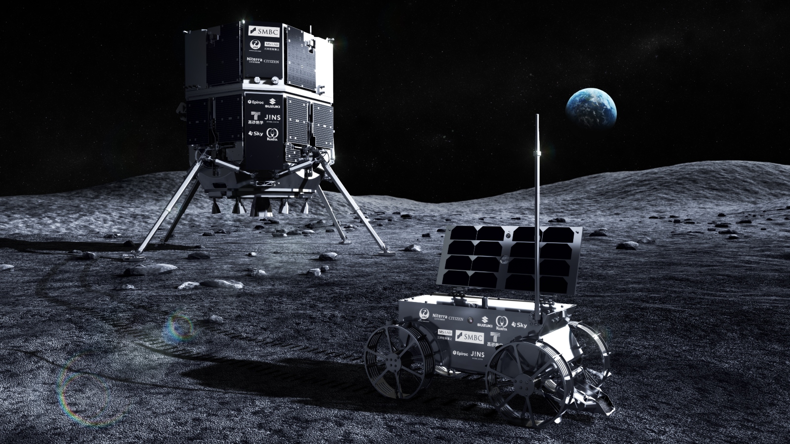 An artist's illustration of the Tenacious rover next to the Resilience lander on the moon