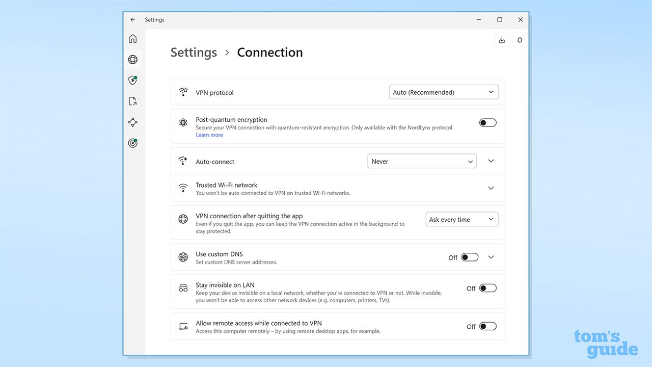 Screenshot of NordVPN desktop app connection settings