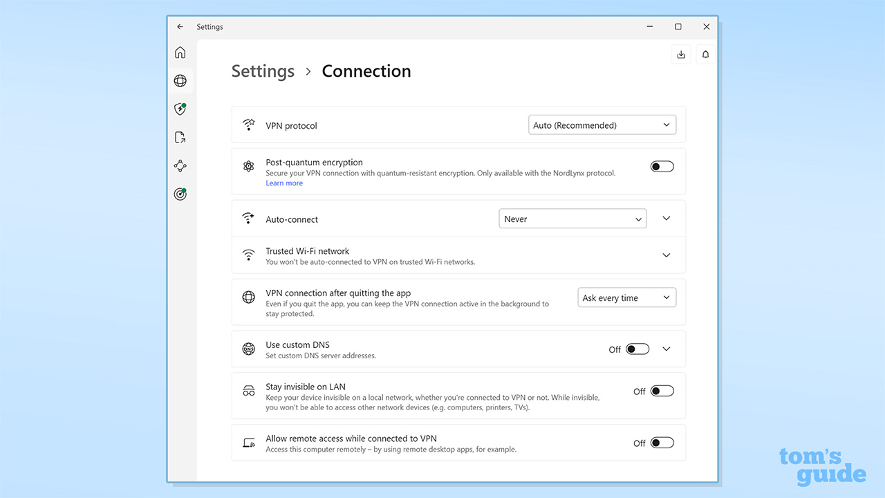 Screenshot of NordVPN desktop app connection settings