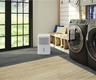 A GE Dehumidifier on gray carpet in a laundry room.