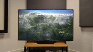 Hisense U7N (65U7N) mini LED TV with misty tree tops on screen