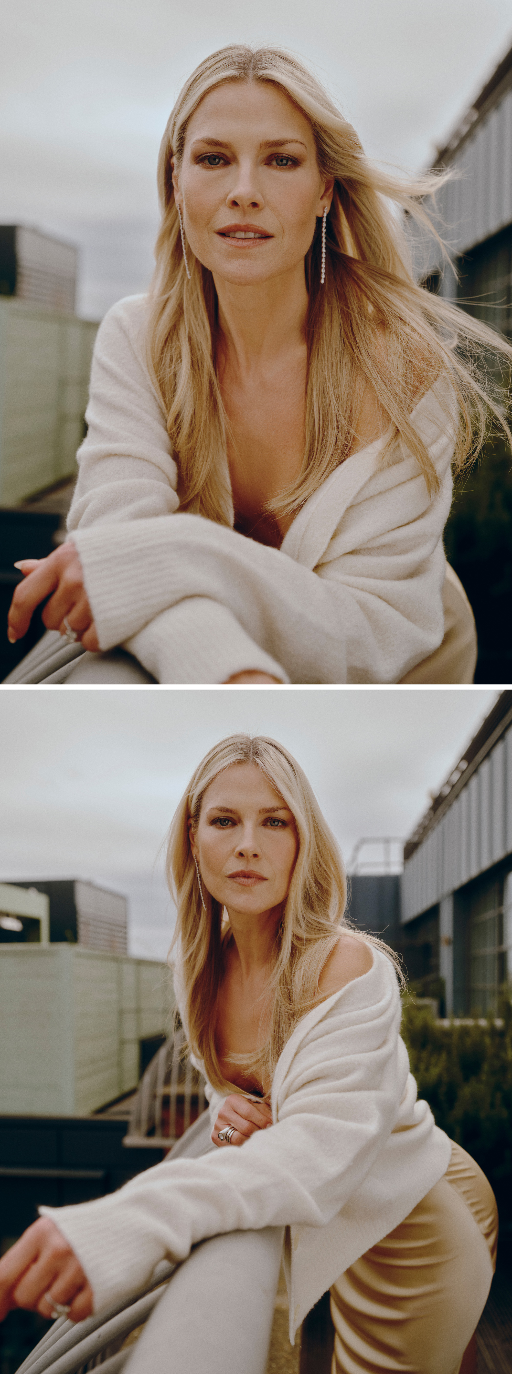 Portraits of Ali Larter wearing a cream cardigan and champagne silk dress.