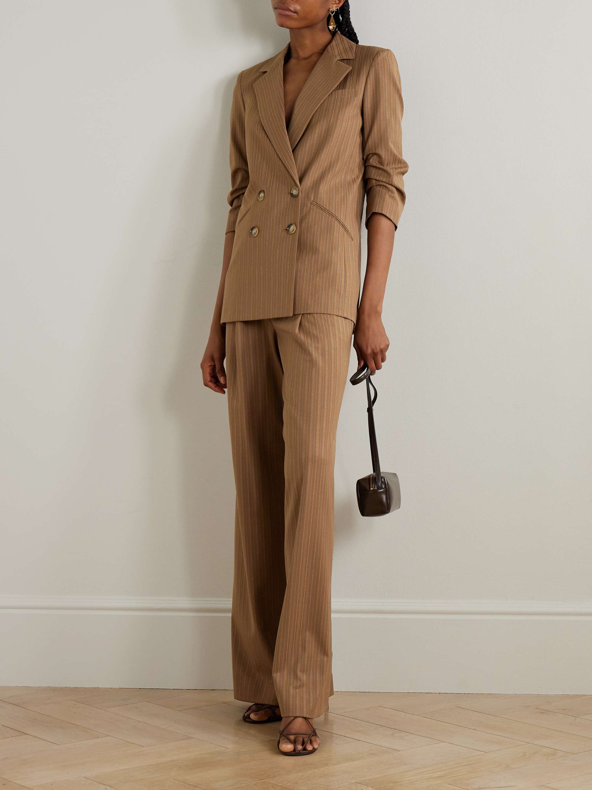 Rupert Dickey Double-Breasted Ruched Pinstriped Woven Blazer