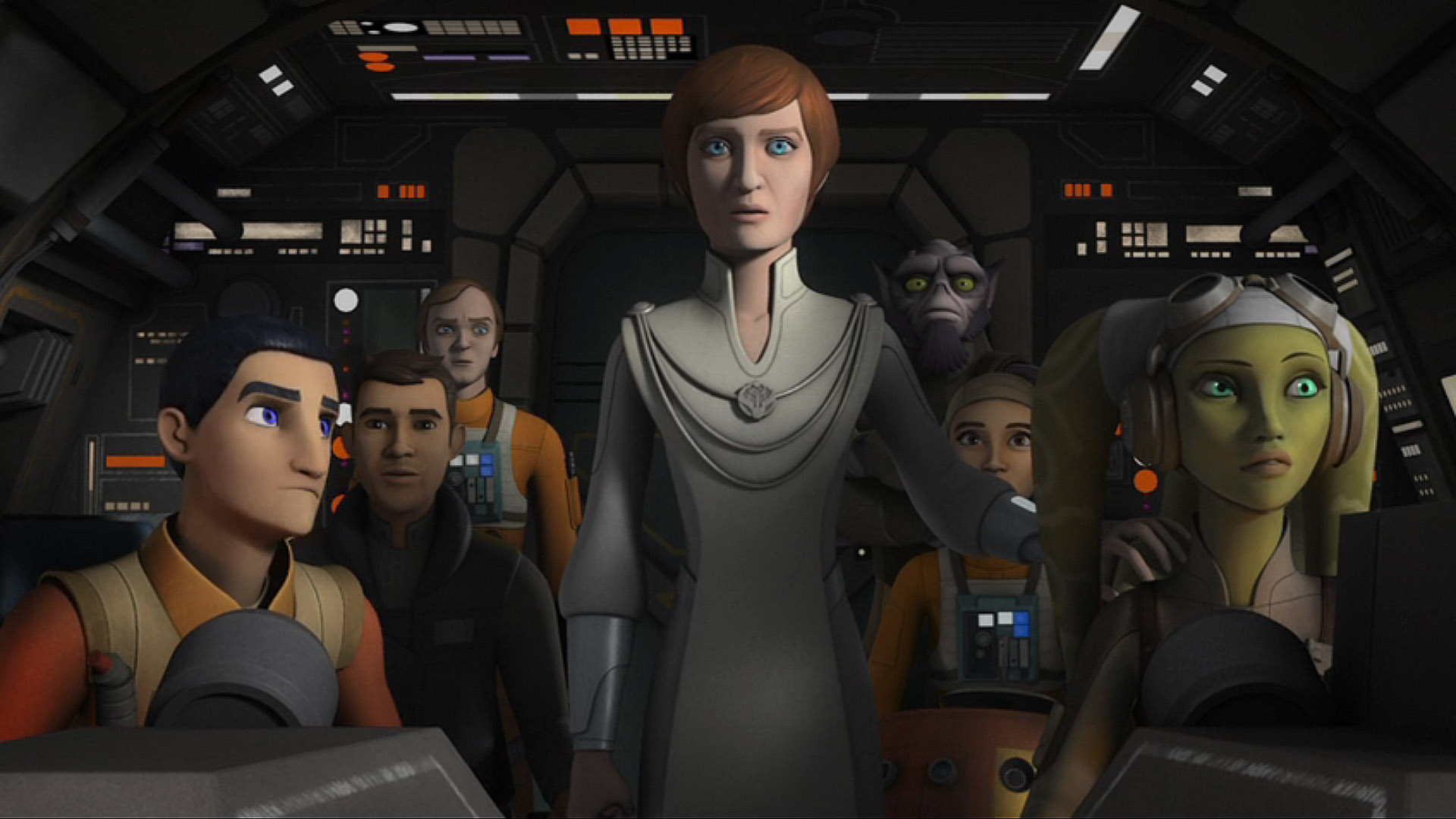 Mon Mothma standing in the cockpit of the Ghost with the ship's crew seated around her in Star Wars: Rebels season 3 episode 18