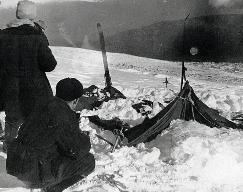 A view of the tent as the rescuers found it on Feb. 26, 1959. The tent had been cut open from inside, and most of the skiers had fled in socks or barefoot. 