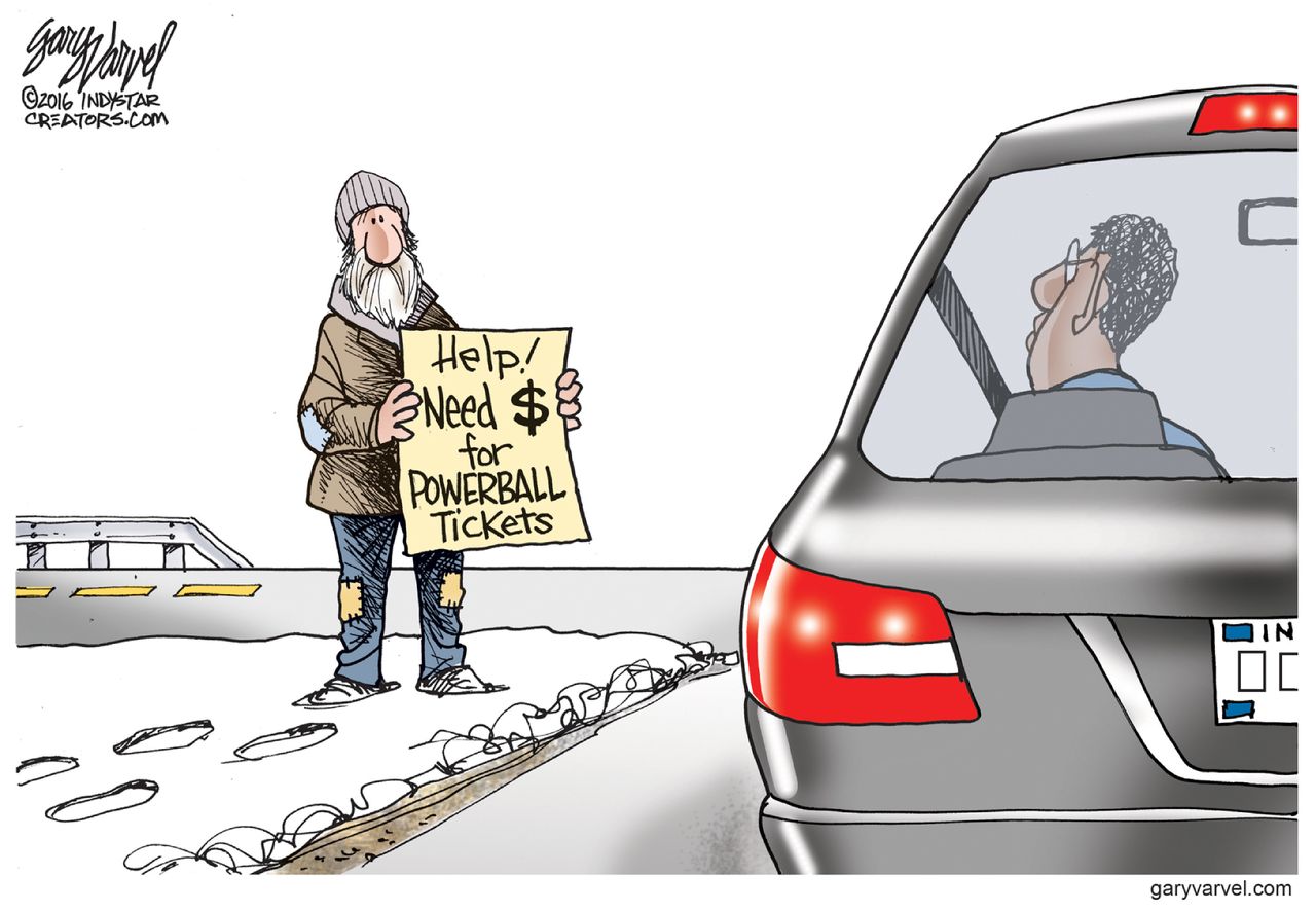 Political Cartoon homeless powerball