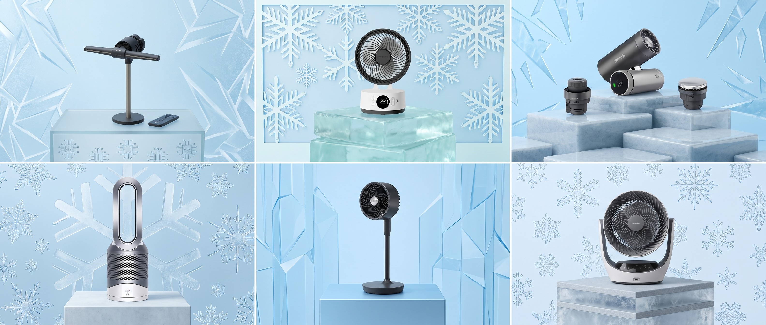 Collage of six electric fans on icy blue backgrounds