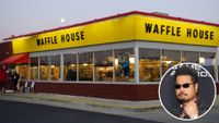 Main image: A Waffle House in Bessemer, Alabama (Patrick T. Fallon/AFP) / Inset image: Katsuhiro Harada attends the 2022 Game Awards (Leon Bennett)