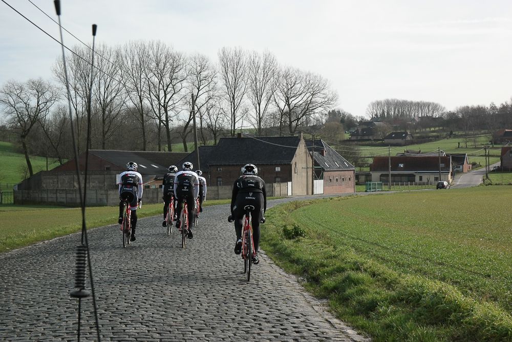 Trek-Segafredo roll through the Belgian countryside.