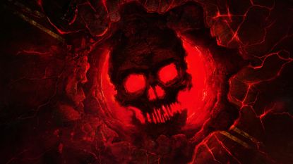 The Gears of War cog and skull logo glows in bright red and black in the Gears of War E-Day loading screen.