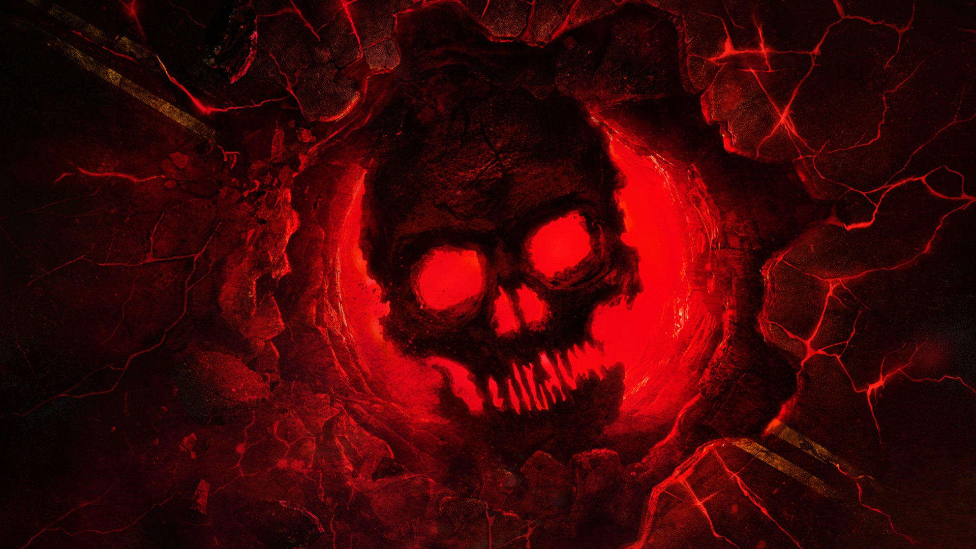 The Gears of War cog and skull logo glows in bright red and black in the Gears of War E-Day loading screen.