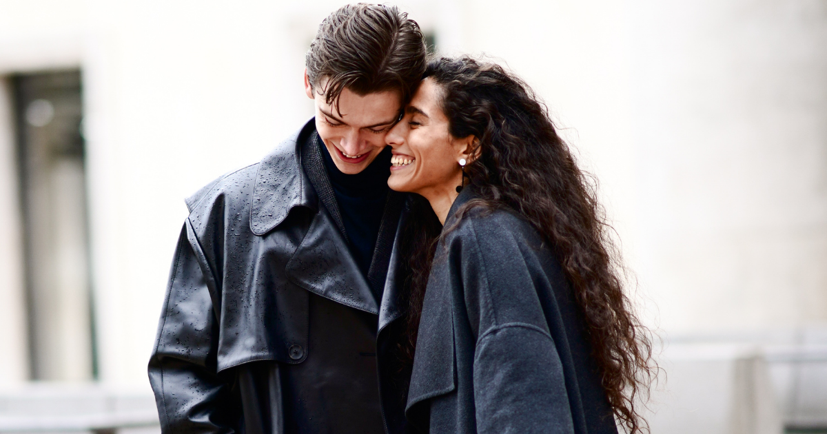 Sex scents Ciinderella B (R) wears a gray long coat ; Mathias Le Fevre (L) wears a black leather long coat and a turtleneck pullover, outside Rokh, during Paris Fashion Week - Womenswear Fall/Winter 2020/2021, on February 29, 2020 