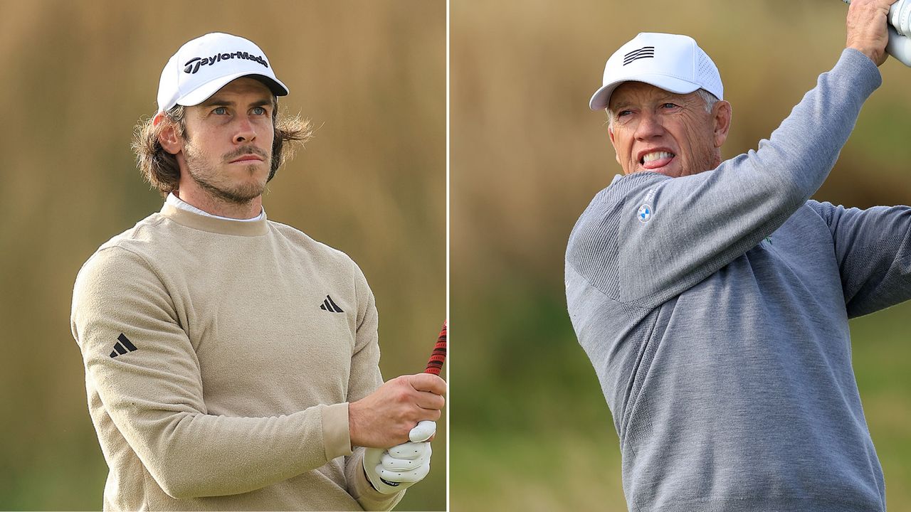 Split image of Gareth Bale (left) and John Elway at the 2024 Alfred Dunhill Links Championship