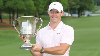 Rory McIlroy with the trophy after winning the 2021 Wells Fargo Championship at Quail Hollow