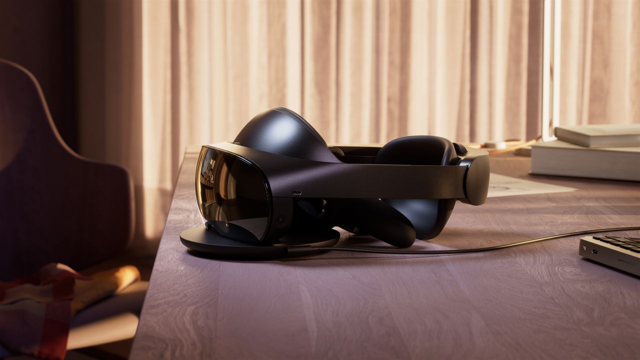 The Meta Quest Pro headset on a charging dock