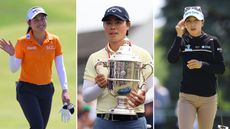 Jeeno Thitikul waves (left), Yuka Saso holds the US Women's Open trophy (centre), and Lydia Ko touches her cap (right)