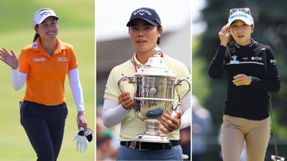Jeeno Thitikul waves (left), Yuka Saso holds the US Women's Open trophy (centre), and Lydia Ko touches her cap (right)