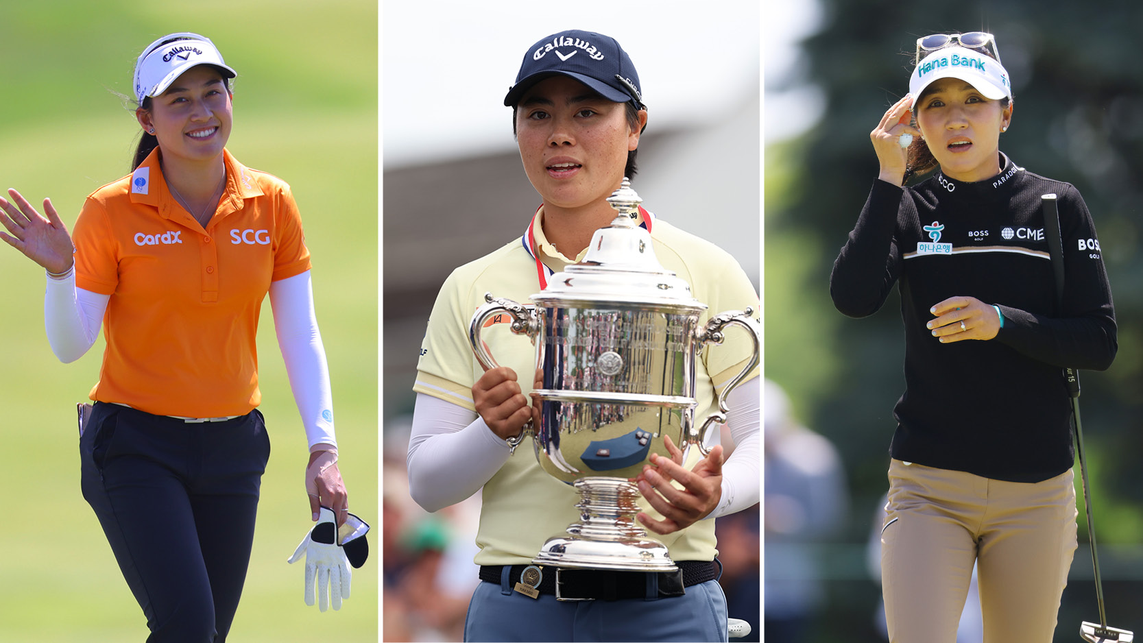 Jeeno Thitikul waves (left), Yuka Saso holds the US Women&#039;s Open trophy (centre), and Lydia Ko touches her cap (right)