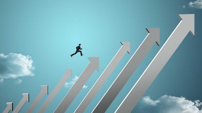 Concept art of a businessman jumping on upward-facing stock-chart arrows