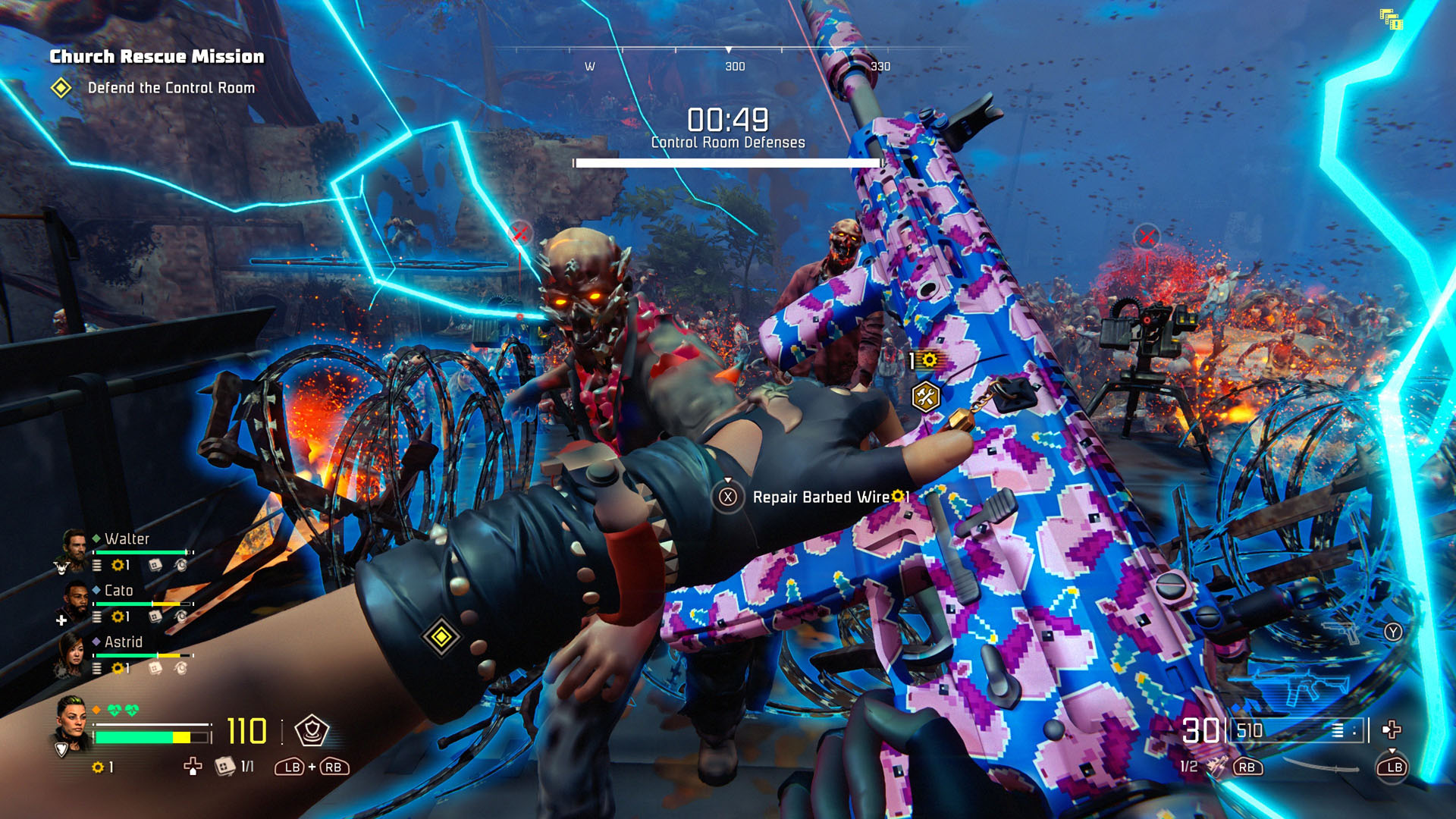 The player fixes up some barbed wire as zombies approach in John Carpenter's Toxic Commando