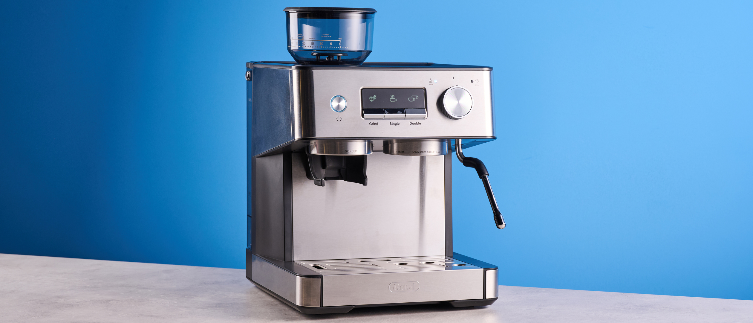 the gevi espresso machine with grinder showing its bean hopper, steam wand, and control screen with a silver dial and drip tray