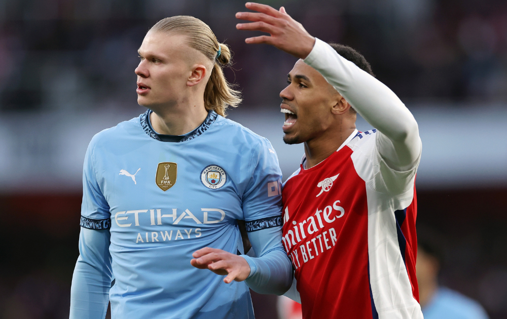 Erling Haaland of Manchester City and Gabriel Magalhaes of Arsenal during the Premier League match between Arsenal FC and Manchester City FC at Emirates Stadium on February 02, 2025 in London, England. 