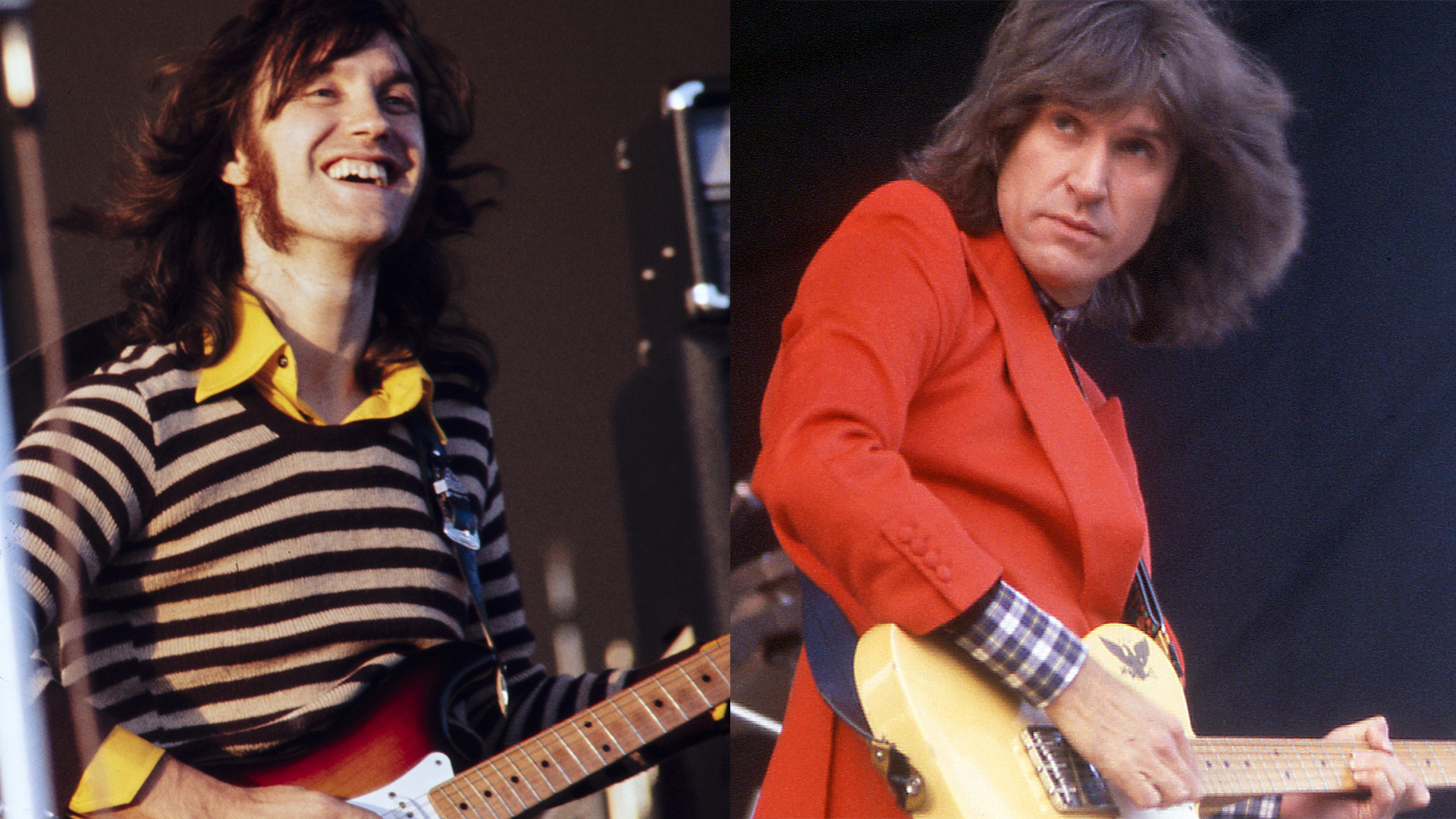 LEFT: Dave Davies performs with the Kinks, September 7, 1974. RIGHT: 1977: British rock group The Kinks (Ray Davies, Dave Davies, Pete Quaife), performing live on stage
