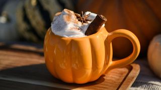 Pumpkin spice latte in pumpkin-shaped ceramic mug