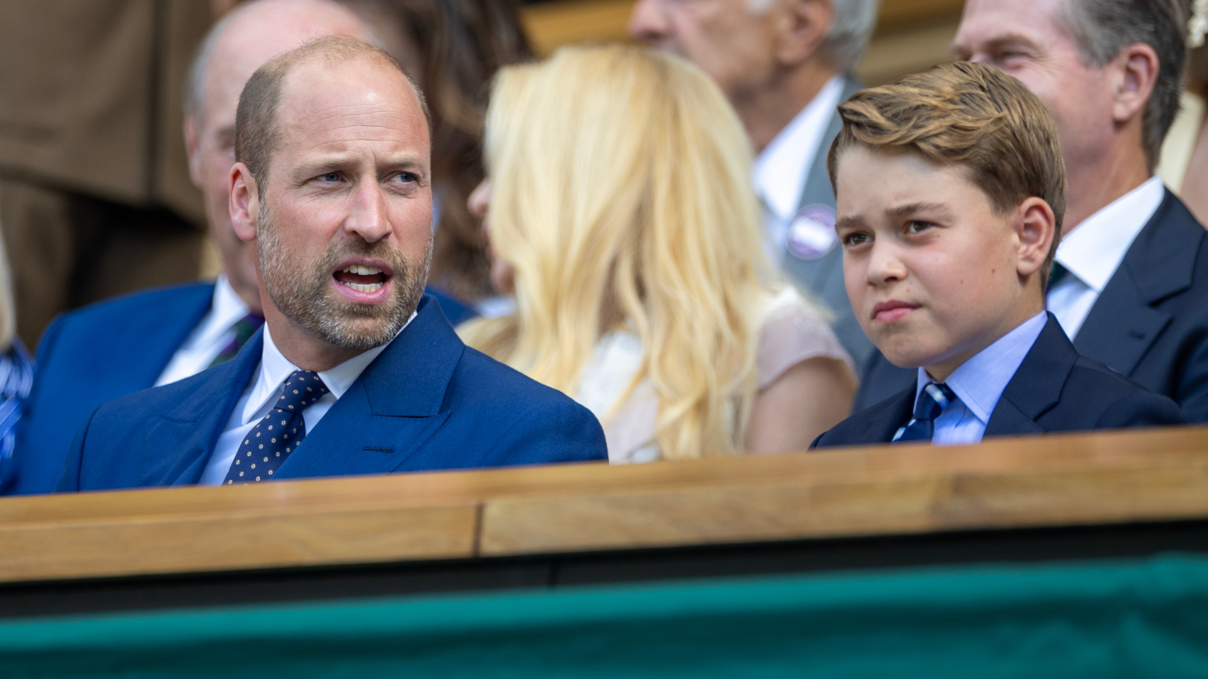 Prince William and Prince George sit in the Royal Box for the Gentlemen&#039;s Singles Final during the Wimbledon Lawn Tennis Championships 2025