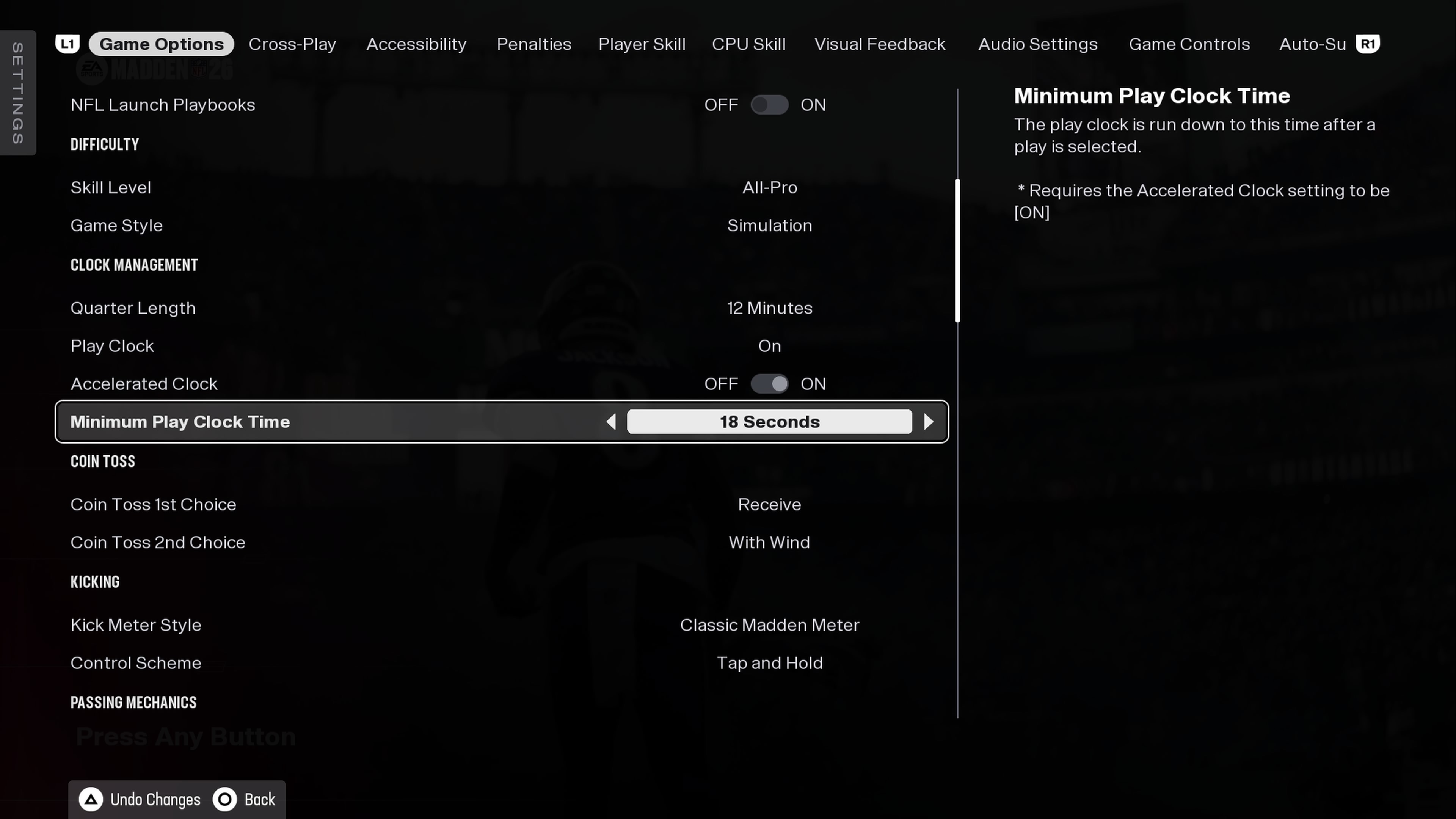 The Madden 26 game options menu featuring updated sliders