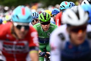 QuickStep Alpha Vinyl Teams Dutch rider Fabio Jakobsen wearing the sprinters green jersey cycles during the 3rd stage of the 109th edition of the Tour de France cycling race 182 km between Vejle and Sonderborg in Denmark on July 3 2022 Photo by Marco BERTORELLO AFP Photo by MARCO BERTORELLOAFP via Getty Images