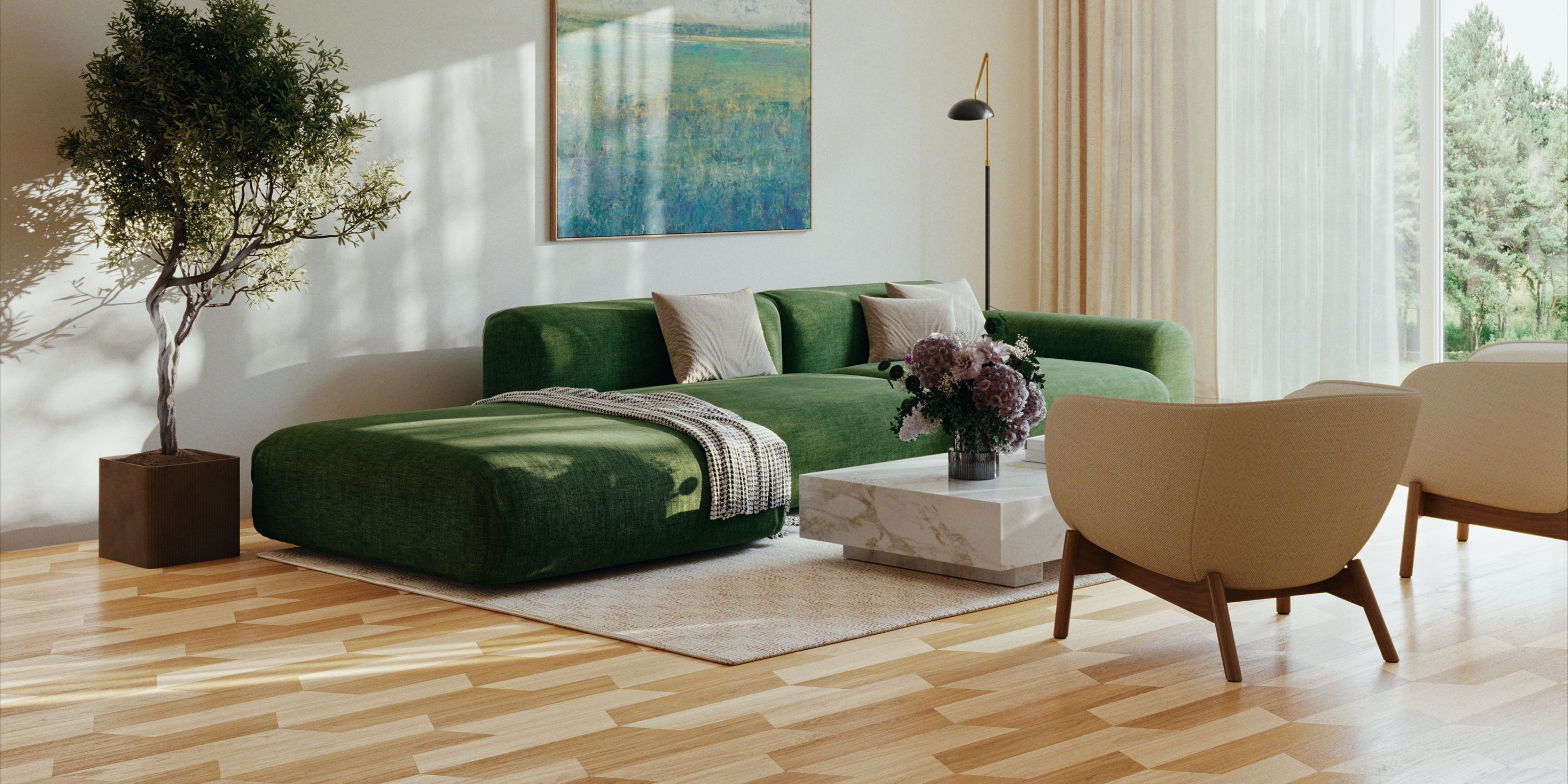 A minimalist living room with a green sofa and contrast wooden statement flooring