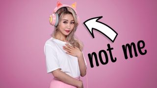 A woman wearing a Razer Kraken Kitty Edition headset against a pink background. A large arrow with the text 'not me' points to her.