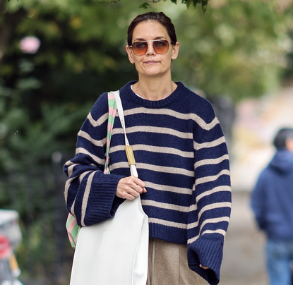 katie holmes striped sweater khaki pants