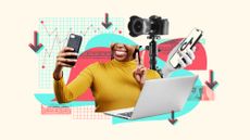 Collage illustration of a TikTok influencer with a laptop computer, camera and smartphone