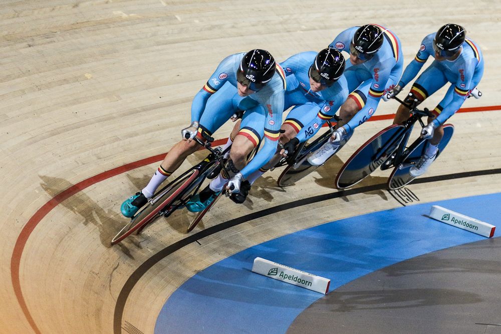 The Belgian team competes in the Men's Team Pursuit on day one of the UCI Track World Cup at Omnisport Apeldoorn