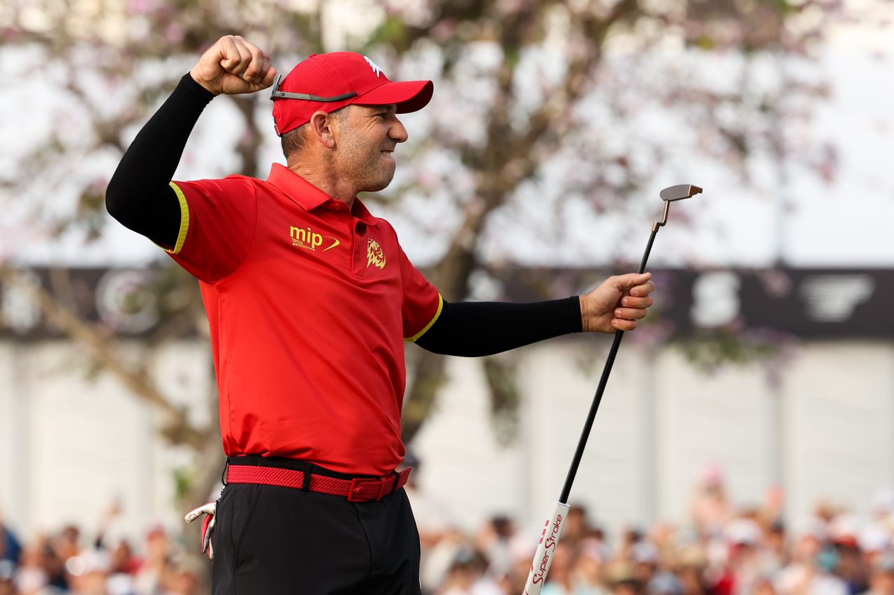 Sergio Garcia celebrates after holing a putt