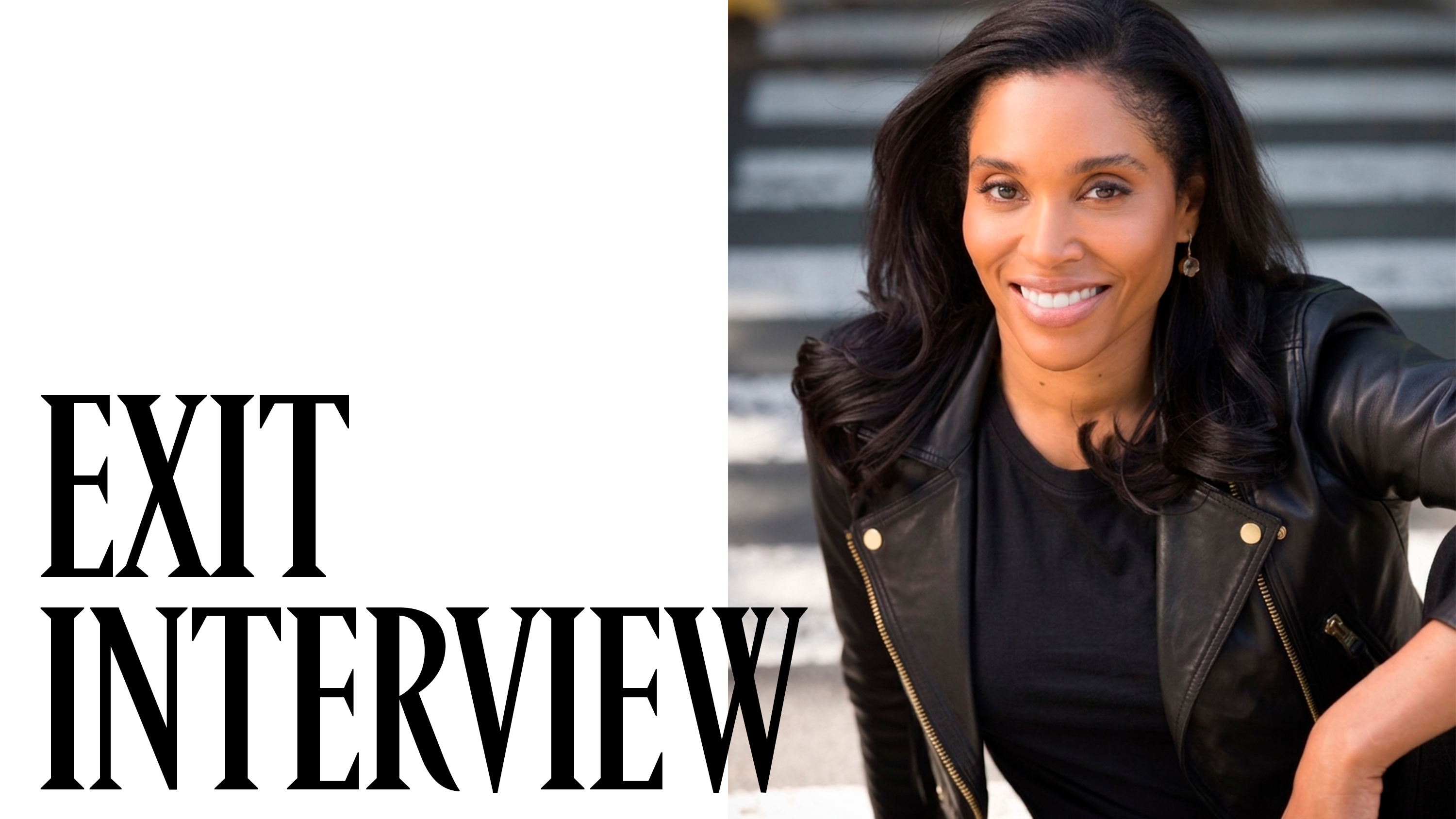 Sarah Bond in a black leather jacket, smiling at the camera, with large text reading &ldquo;EXIT INTERVIEW&rdquo; beside her.